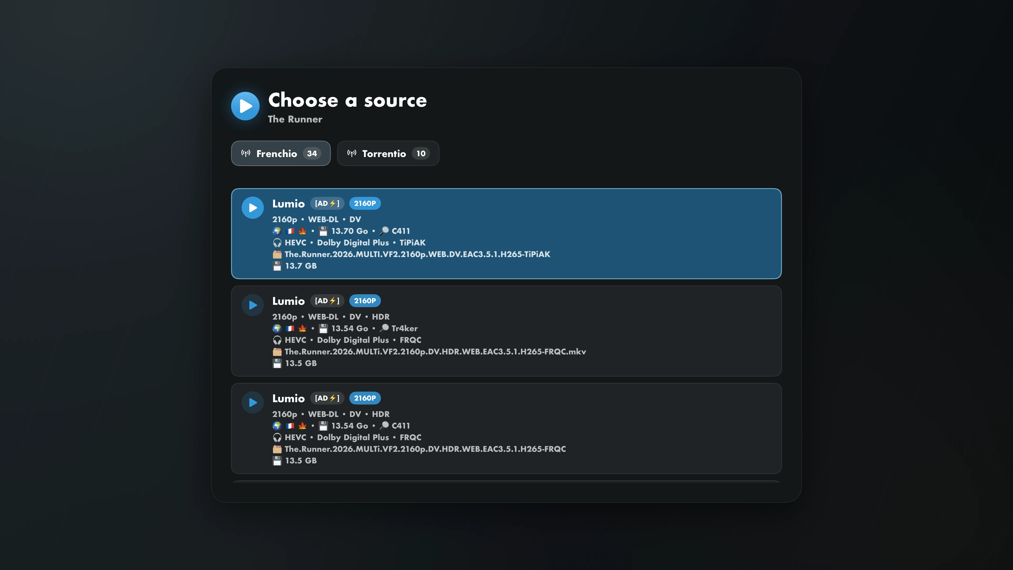 Choix d’une source pour télécharger The Runner, ouvert depuis Catalogs sur Apple TV.