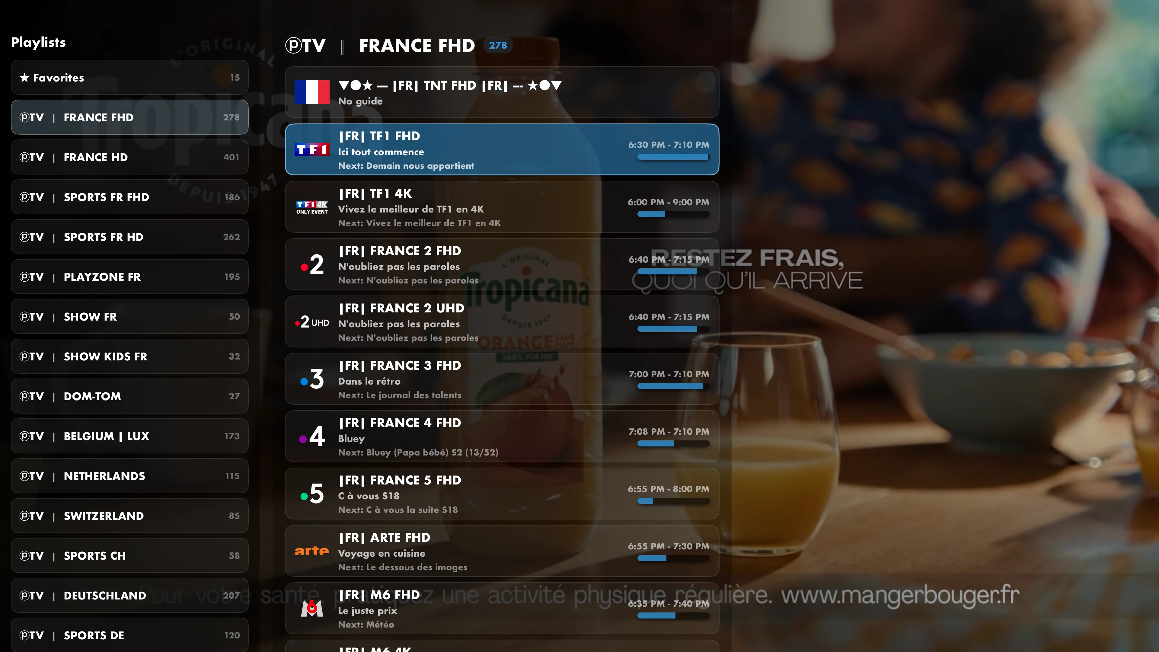 Guide EPG transparent superposé à une chaîne française en plein écran