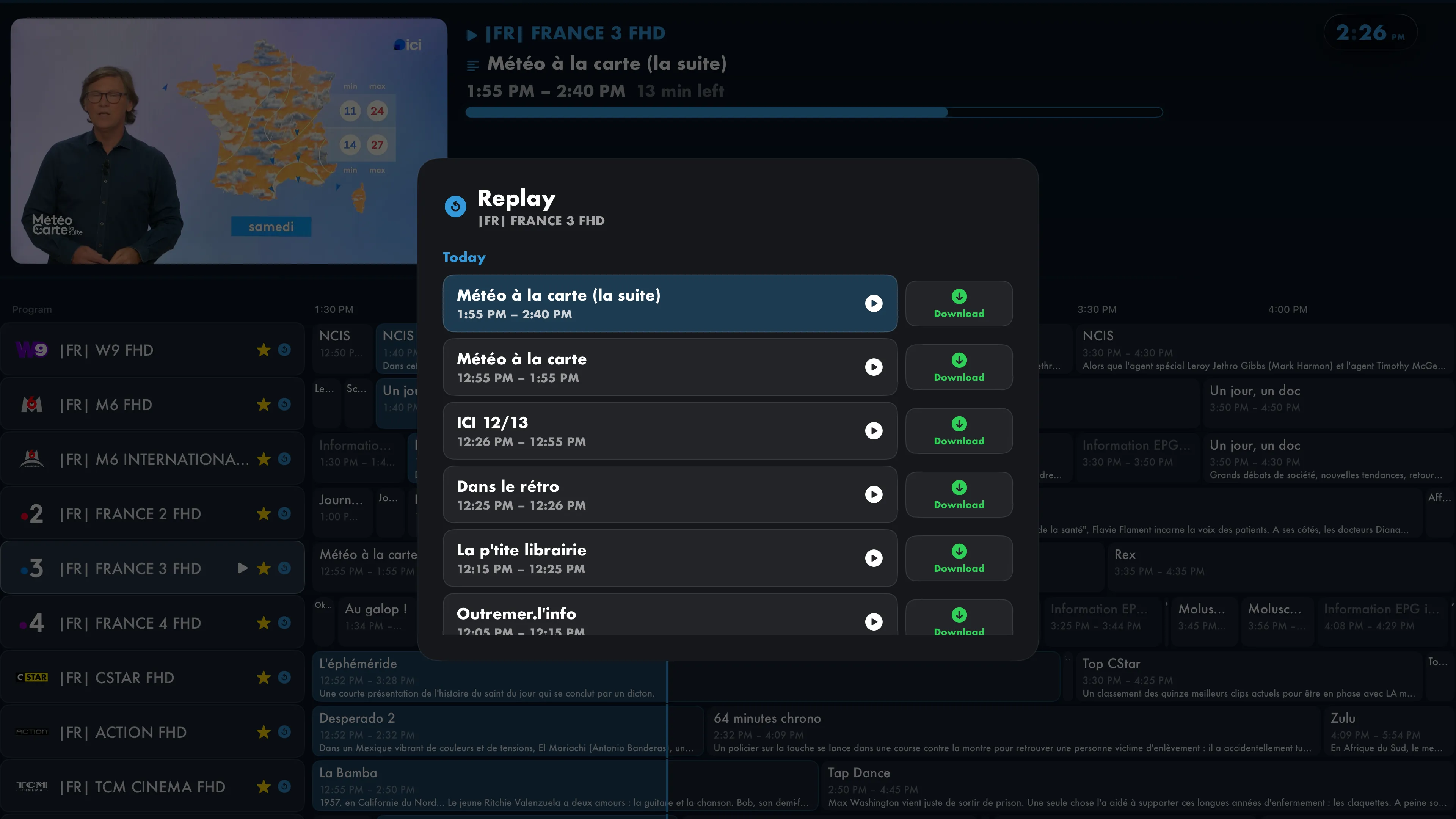 Navigateur de replay IPTVIO : jours et programmes archivés d’une chaîne française.