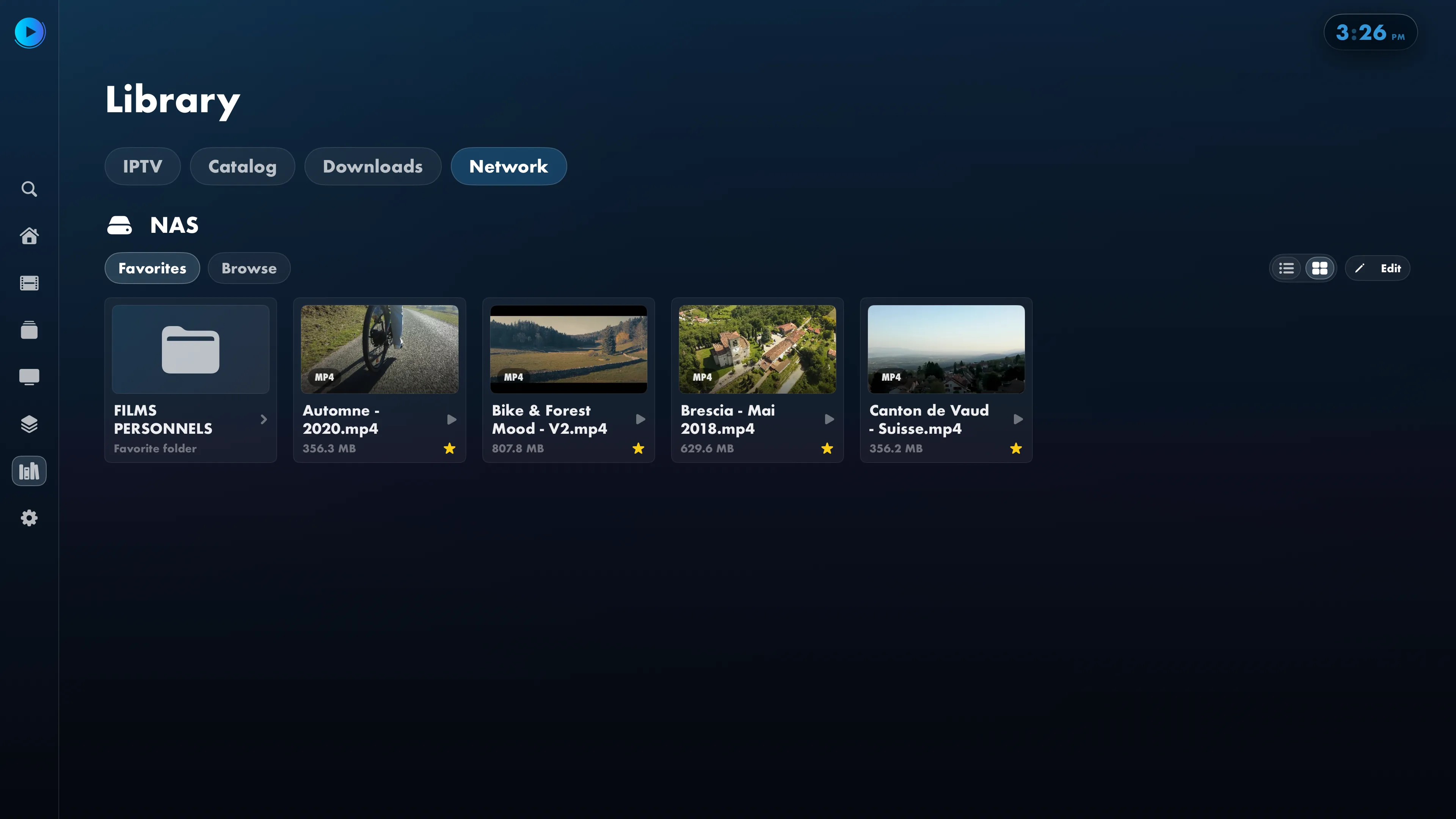 Library sur Apple TV : accès au NAS en SMB, dossiers et vidéos en favoris.
